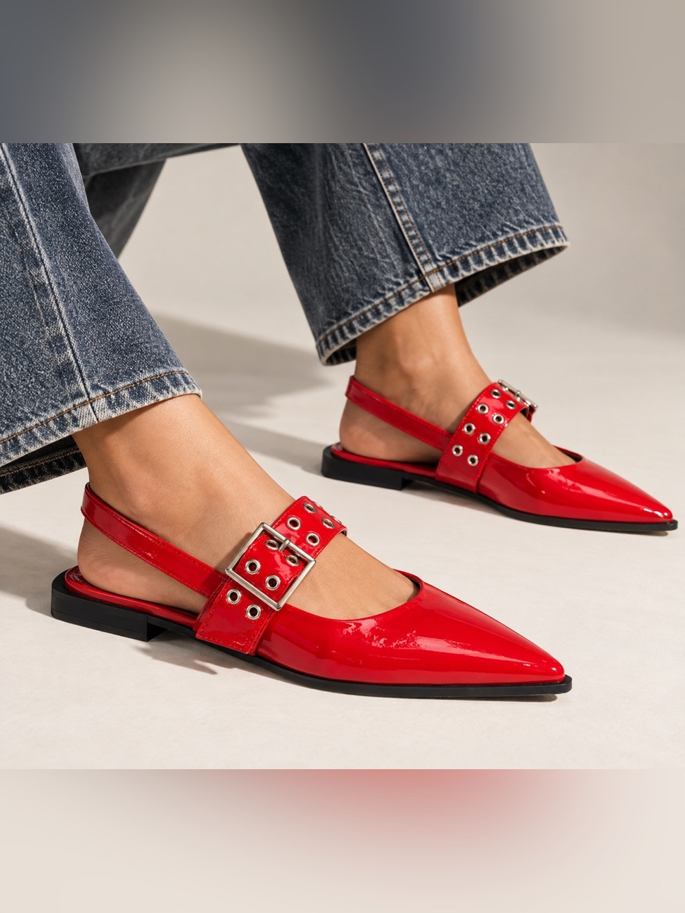 Steve Madden Graya Red Patent Grommet Buckle Slingback Flats Size 8 NWOB